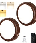 Rechargeable Wireless Puck Lights With Remote Control, Sweet Smooth Glow Under Cabinet Lighting, 3 Color Dimmable Peel And Stick Pad For Kitchen Counter Closet Shelf 2 Pack, featuring two round wooden lights with remote.