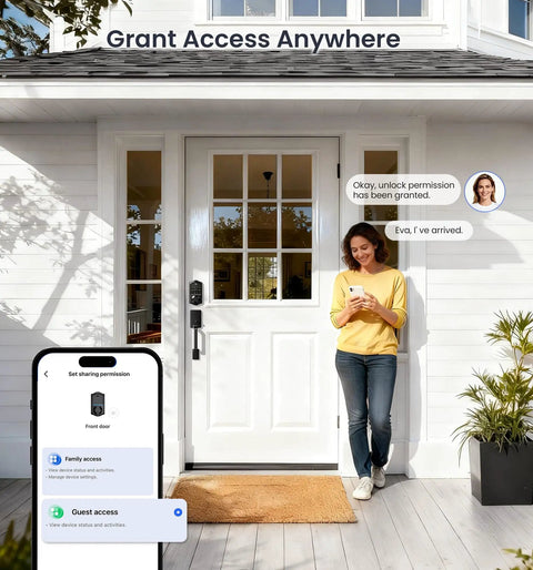 Smart Fingerprint Front Door Lock Set With App Control on a white door, woman using smartphone, IP55 Weatherproof, Matte Black, easy install