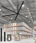 Straight Up Heavy Duty 14 Foot Commercial HVLS Industrial Ceiling Fan With Six Sturdy Aluminum Blades in warehouse setting.