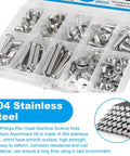 304 Stainless Steel 10-24 Phillips Pan Head Machine Screws Nuts Washers Kit for DIY Projects and Home Fixes, assorted sizes, 200 pieces.