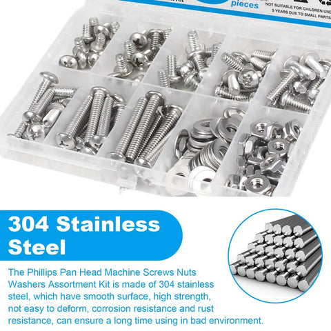 304 Stainless Steel 10-24 Phillips Pan Head Machine Screws Nuts Washers Kit for DIY Projects and Home Fixes, assorted sizes, 200 pieces.