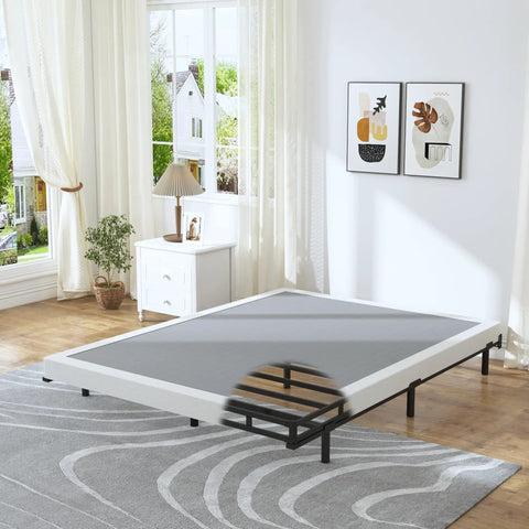 Rock Solid Heavy Duty 3 Inch Low Profile Full Size Box Spring Replacement Mattress Foundation With Built Tough Reinforced Quiet Steel Slats For Foam Or Hybrid Beds Handles 3000 Pounds in a modern bedroom setting.
