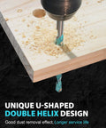 EZARC masonry drill bit with turquoise coating, 5/32–3/8 in, installed in wood with wood shavings