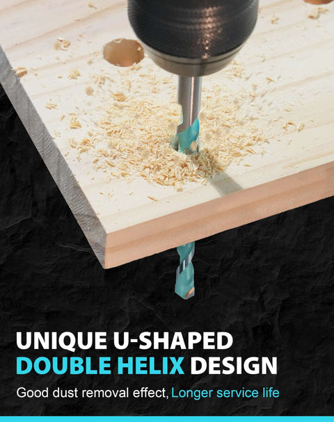 EZARC masonry drill bit with turquoise coating, 5/32–3/8 in, installed in wood with wood shavings