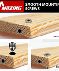 Before and after use of Pro Grade 5 Piece Countersink Drill Bit Set with hex shank on wood, showing smooth screw mounting.