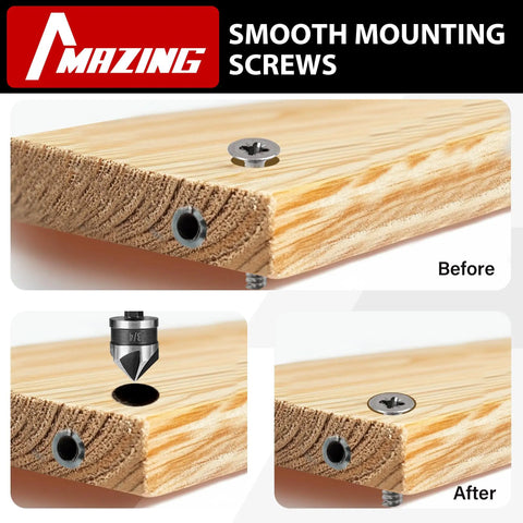Before and after use of Pro Grade 5 Piece Countersink Drill Bit Set with hex shank on wood, showing smooth screw mounting.