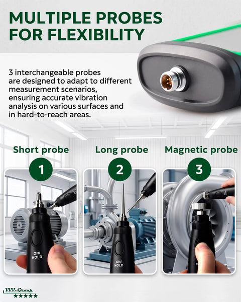 Vibration Meter With Remote Probe VM-424 For Industrial Motors And Gearboxes Measures Acceleration Up To 199.9 m/s2 Velocity Up To 199.9 mm/s Displacement Up To 1.999 mm 10 Hz To 3 kHz Magnetic Sensor For Tight Space Diagnostics, 3 probes