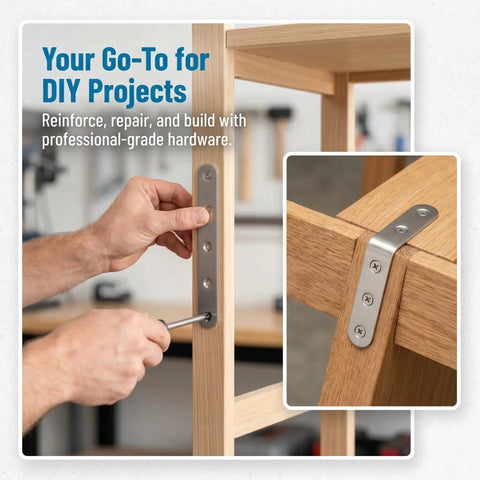 Hands installing Heavy Duty Stainless Steel Straight Braces With 24 Screws Included for Wood Furniture Repair and Reinforcement