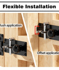 Built Like A Tank Heavy Duty Steel 2 Way Slide Bar Gate Latch Rock Solid Fence Gate Lock shown in flush and offset applications on wood gates.