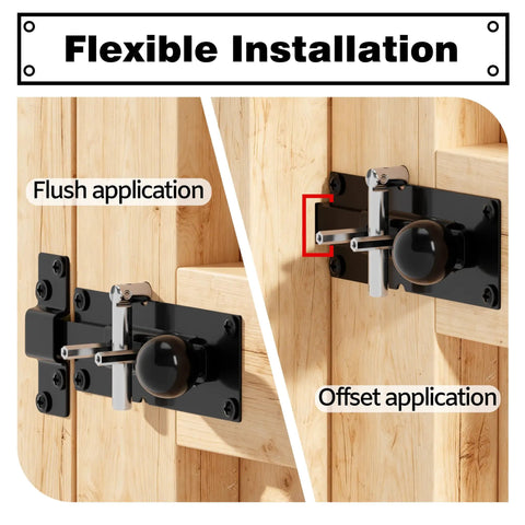 Built Like A Tank Heavy Duty Steel 2 Way Slide Bar Gate Latch Rock Solid Fence Gate Lock shown in flush and offset applications on wood gates.