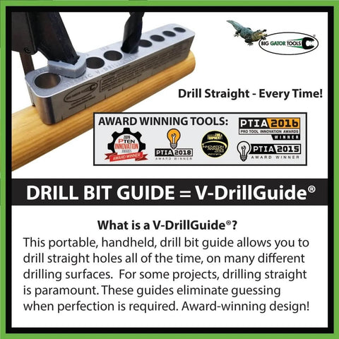 Pro Grade Drill Guide With Seventeen Size Range From 1/8 To 3/8 In 1/64 Increments, Ideal For Flat Surfaces, Round Parts And Corners, Heat Treated Nickel Alloy Steel, Rust Resistant Non Plated With Light Oil Coating, Center Alignment Marks For Centering