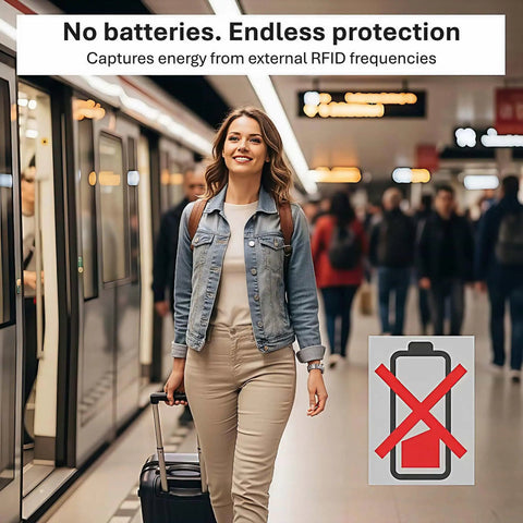 Woman at train station highlighting RFID Blocking Card 2 Pack For Wallet Defense And Travel Safety Shield Your Credit Debit ID And Passport From 13 56 MHz NFC Signals Contactless Protector And Everyday Travel Defender