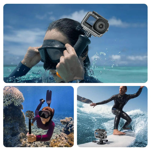 Collage showing Underwater Dive Case For Osmo Action 6 in use during snorkeling, scuba diving, and surfing, showcasing waterproof features.