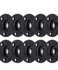 1/2 Inch Black Iron Floor Flange Set Dope Anti Rust 10 Pack For DIY Projects Furniture And Shelving Vintage Industrial Style Hardware With Threaded Holes Heavy Duty Malleable Iron Pipe Fittings. Image shows 10 black flanges with threaded holes and three mounting points.