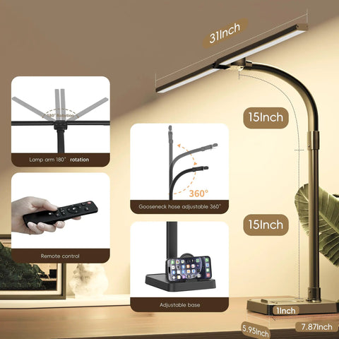 Dual Head LED Desk Lamp For Home Office With Eye Caring Light, adjustable gooseneck, USB port, 31-inch lamp arm
