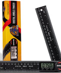 Handy Angle Finder Protractor With 7 Inch Ruler For Woodworking Carpentry And Construction DIY Friendly Readout For Internal And External Angles Dual Function Durable ABS Two Batteries Included, close-up view showing digital readouts.