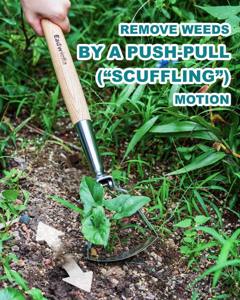 Stirrup Hoe Weeding Tool With 16 Inch Hardwood Handle, Oscillating Loop Hoe for easy weeding and soil loosening in garden.