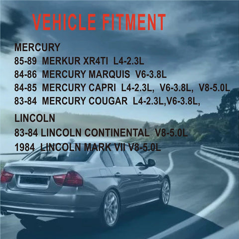 Text overlay about vehicle fitment on a road photo with cars listed for Mercury and Lincoln models from the 1980s.