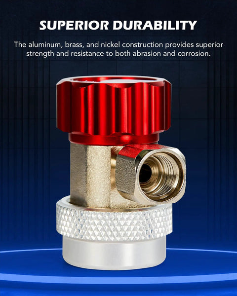 R134a Quick Coupler Adapters Two Pack With High Low Pressure Connectors, 1/4 Inch Port Fit, Snap Lock Knurled Grip For Easy Install And Quick Refrigerant Servicing, red aluminum brass nickel adapter