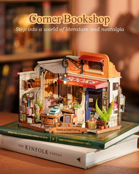 DIY Miniature Bookstore Kit 1 To 20 Scale With LED Lights Build Your Own Tiny House Craft Kit For Adults on book stack