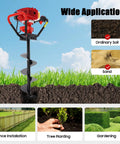Gas Powered Post Hole Digger 43cc Two Stroke With 8 Inch Auger Bit for Fence Posts, soil, and sand application shown.