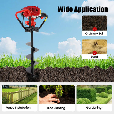 Gas Powered Post Hole Digger 43cc Two Stroke With 8 Inch Auger Bit for Fence Posts, soil, and sand application shown.