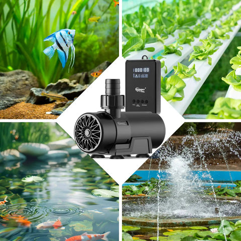 Workhorse Amphibious Water Pump With Controller shown with fish tank, hydroponics, pond, and fountain settings