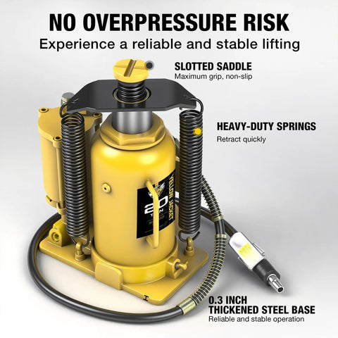 Top Shelf Pneumatic Air Bottle Jack With 20 Ton Capacity And Manual Hand Pump Plus Air Pump For Heavy Duty Cars And Trucks showing slotted saddle and heavy-duty springs.