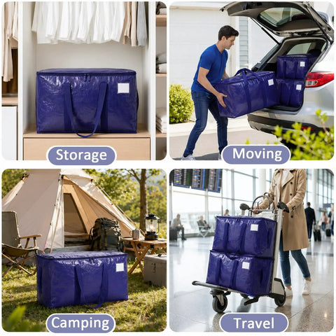 Heavy Duty Moving Bags 6 Pack Large Storage Bags with Zipper and Handles for storage, moving, camping, and travel use.