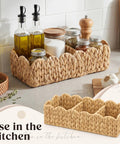 Two Pack Toilet Tank Basket Set With Scalloped Wicker And Three Compartments on countertop, hand woven water hyacinth