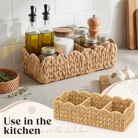 Two Pack Toilet Tank Basket Set With Scalloped Wicker And Three Compartments on countertop, hand woven water hyacinth