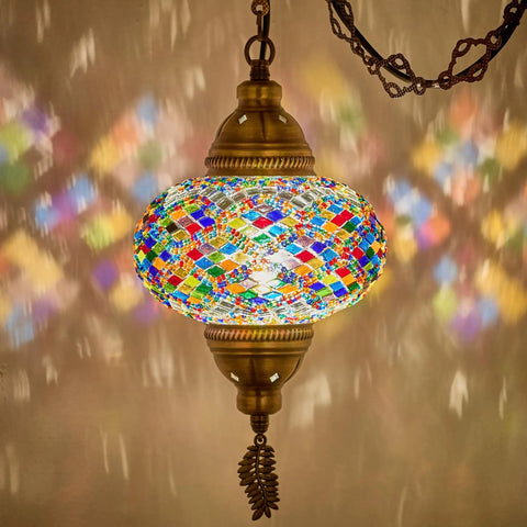 Colorful Turkish Mosaic Plug In Swag Pendant Light With 6.5 Inch Globe Large Hanging Ceiling Lamp, mosaic glass design illuminated