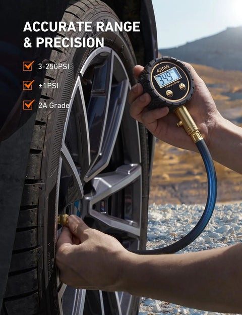 Front view of AstroAI digital tire pressure gauge with backlit LED, brass nozzle and blue hose.