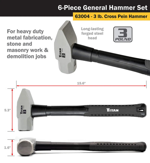 Six Piece Hammer Set With 16 Oz And 32 Oz Ball Peen Hammers, 32 Oz Rubber Mallet, 3 Lb Cross Pein for heavy-duty tasks.