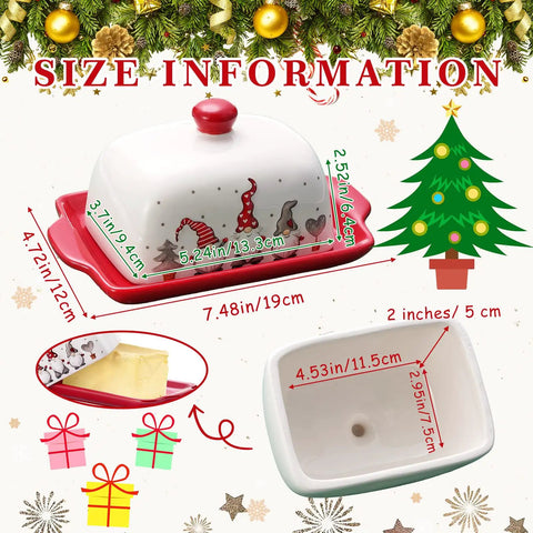 Festive Christmas Butter Dish With Tight Sealing Lid, Solid Ceramic Gnome Keeper For Kitchen Countertops, dimensions and features.