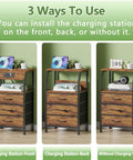 Night Stand With Built In Charging Station And USB Ports, 28.3 Inch Tall Bedside Table With Wood Shelf And 3 Fabric Drawers, 3 Ways To Use