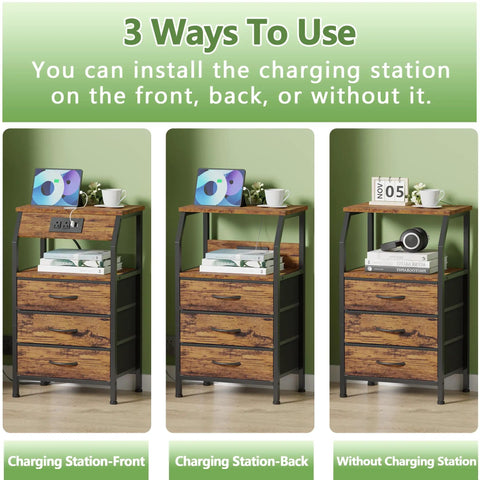 Night Stand With Built In Charging Station And USB Ports, 28.3 Inch Tall Bedside Table With Wood Shelf And 3 Fabric Drawers, 3 Ways To Use
