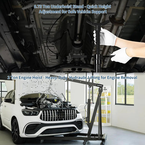 Heavy Duty Folding Hydraulic Engine Hoist And Underhoist Support Stand Combo Two Ton Adjustable Boom with engine and vehicle.