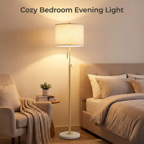 Gold Floor Lamp For Living Room 55-67 Inch Tall Height Adjustable Modern Standing Lamp With 3-Way Dimming Space Saving Marble Base in bedroom