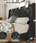 Heavy Duty Queen Bed Frame With Velvet Wingback Tufted Headboard And Built In Storage Shelf Noise Free Wood Slat Platform Base For Zero Box Spring Hassle No Fuss Setup And Sleek Black Bedroom Staple featuring a tufted velvet headboard.