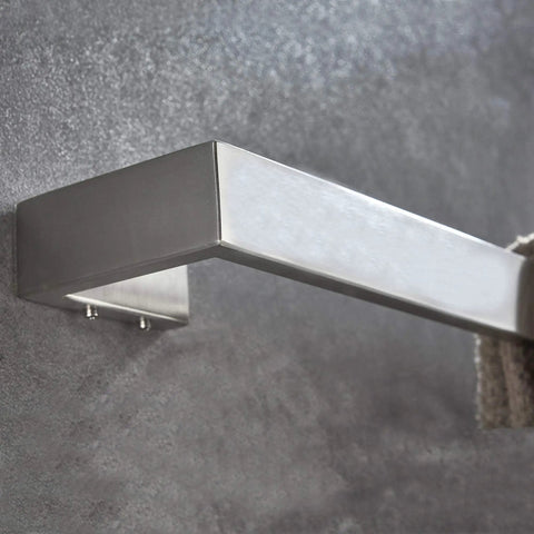 Close-up of wall-mounted Stainless Steel 24 Inch Towel Bar Rack with Brushed Nickel Finish, modern bath towel rail visible.