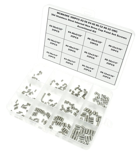 300Pcs Internal Hex Drive Cup Point Set Screws Assortment Kit In 304 Stainless Steel UNC Threads Includes Sizes 2 56 4 40 6 32 8 32 And 12 Varieties For Quick Hardware Fixes For DIYers displayed in a compartmented box.