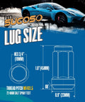Diagram showing M14x1.5 lug nut with 19mm hex, dimensions, and car graphic, for aftermarket wheels. Focus keyword: 32-Piece M14x1.5 Lug Nut Kit With 19mm Hex Conical Seat For Aftermarket Wheels, Fits Silverado Sierra Suburban Express Ram F250 F350 2011 And Up, 8 Lug, Bolt-On, Ride-Ready, Heavy-Duty Steel.