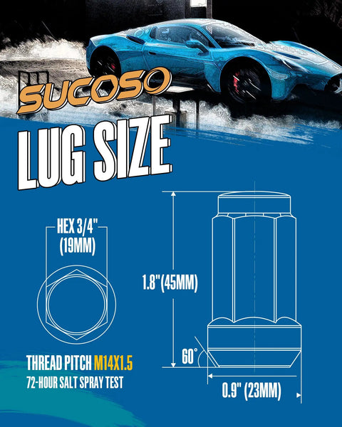 Diagram showing M14x1.5 lug nut with 19mm hex, dimensions, and car graphic, for aftermarket wheels. Focus keyword: 32-Piece M14x1.5 Lug Nut Kit With 19mm Hex Conical Seat For Aftermarket Wheels, Fits Silverado Sierra Suburban Express Ram F250 F350 2011 And Up, 8 Lug, Bolt-On, Ride-Ready, Heavy-Duty Steel.