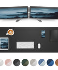 Extra Large PU Leather Desk Pad For Home Office Non Slip Waterproof Blotter Mat With Mouse Pad And Keyboard Desk Mat For Dual Screens And Two Computers 48 By 17 Inches Black shown under dual monitors with accessories