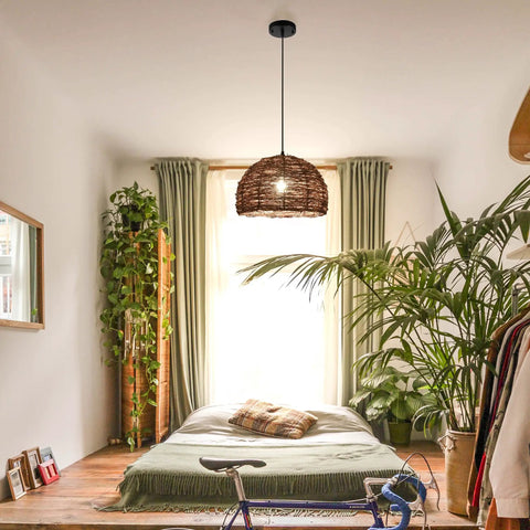 Cozy Vibe Rattan Pendant Light Fixture With Beach Wicker Dome Shade, Adjustable Cord, in a natural bedroom setting