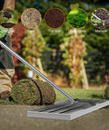 48 Inch Wide Lawn Leveling Rake With 52 To 78 Inch Adjustable Telescopic Handle Heavy Duty Stainless Steel Leveler Tool For Dirt Soil Grass Golf Course Farm And Garden That Saves Effort And Spreads Mulch Sand And Soil Evenly shown with a worker using it on a grass lawn
