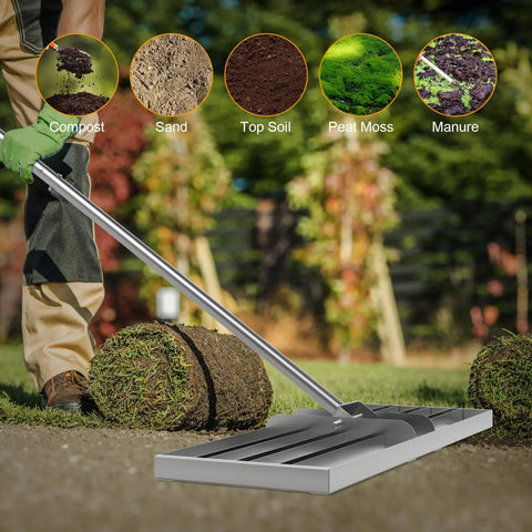 48 Inch Wide Lawn Leveling Rake With 52 To 78 Inch Adjustable Telescopic Handle Heavy Duty Stainless Steel Leveler Tool For Dirt Soil Grass Golf Course Farm And Garden That Saves Effort And Spreads Mulch Sand And Soil Evenly shown with a worker using it on a grass lawn
