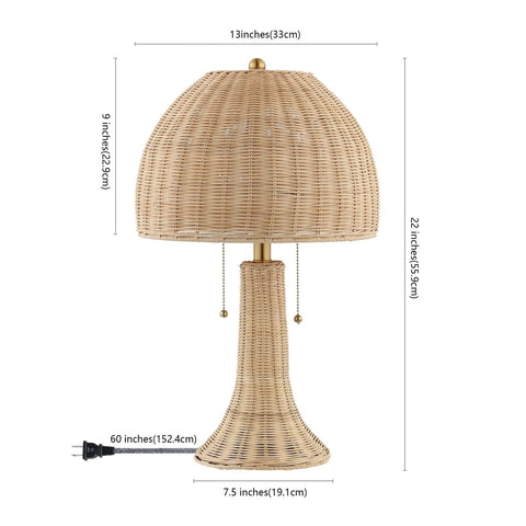 Bohemian Rustic 22 Inch LED Table Lamp With Natural Rattan Shade And Brass Gold Finish, dimensions and power cord shown