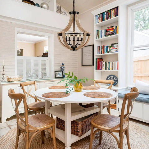 Solid Wood Modern Farmhouse 5 Light Chandelier For Dining Room And Kitchen Island Adjustable Height Brown Finish Rustic Chic